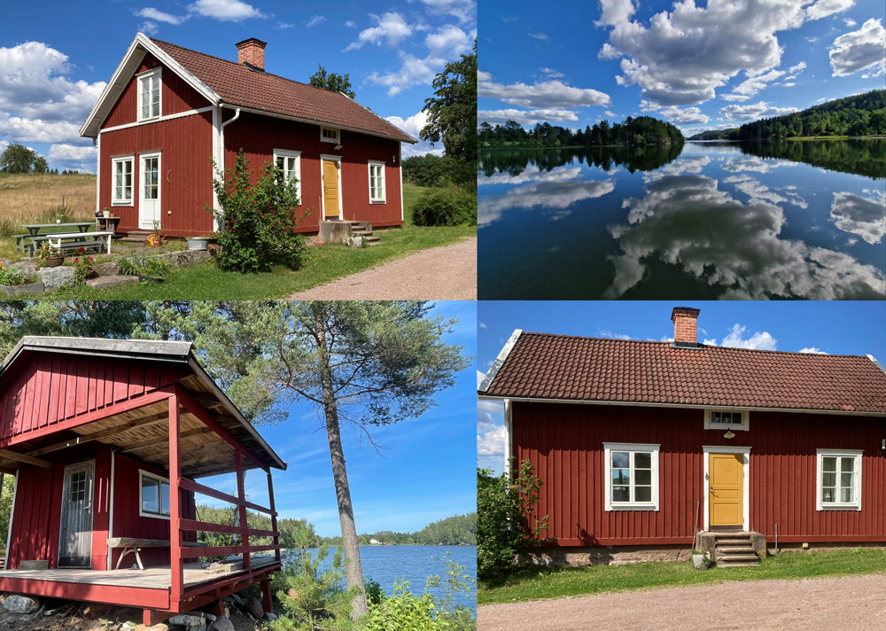 Ett kollage över en röd stuga